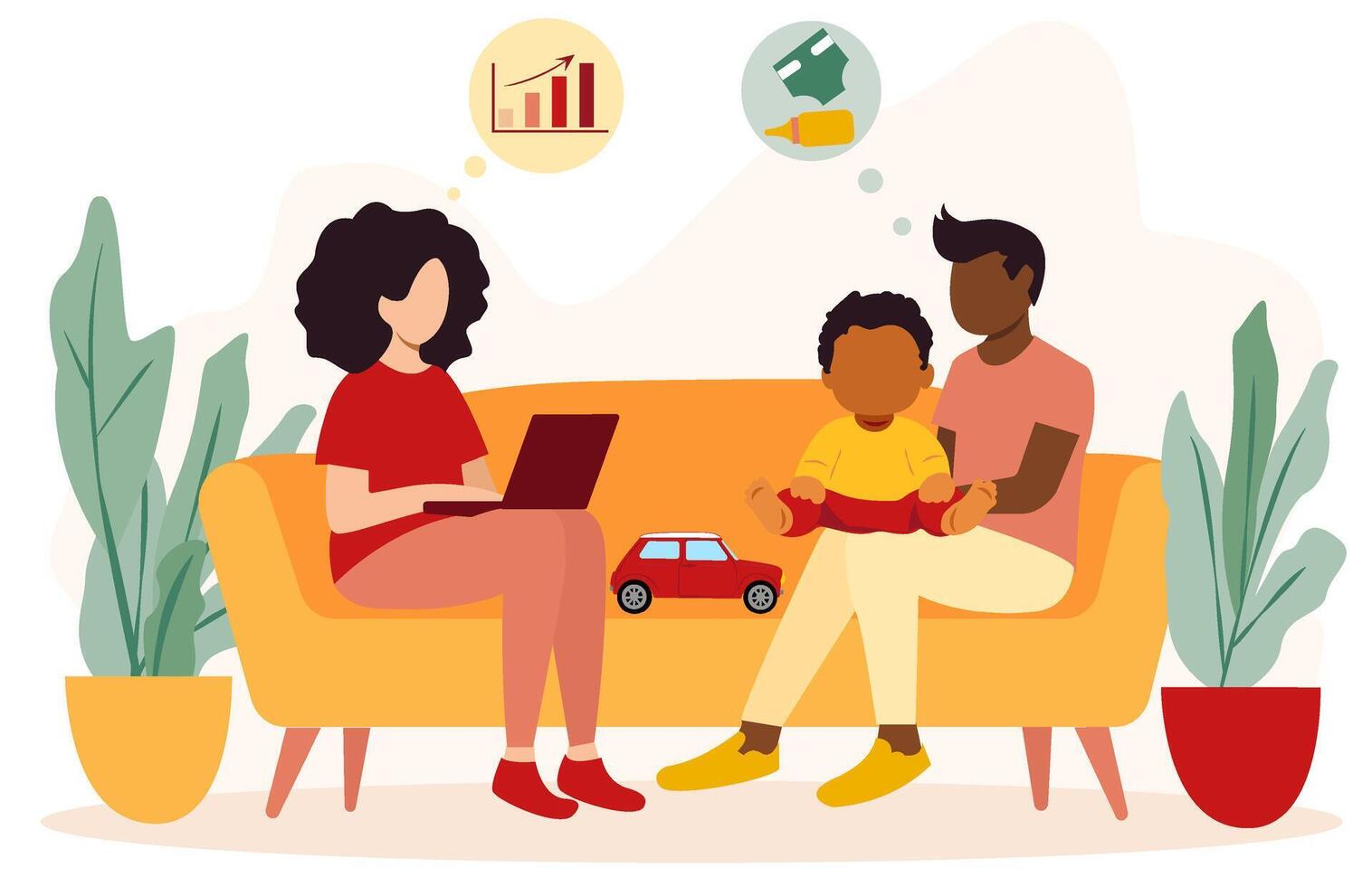 A family sitting on a couch with a laptop and a child vector