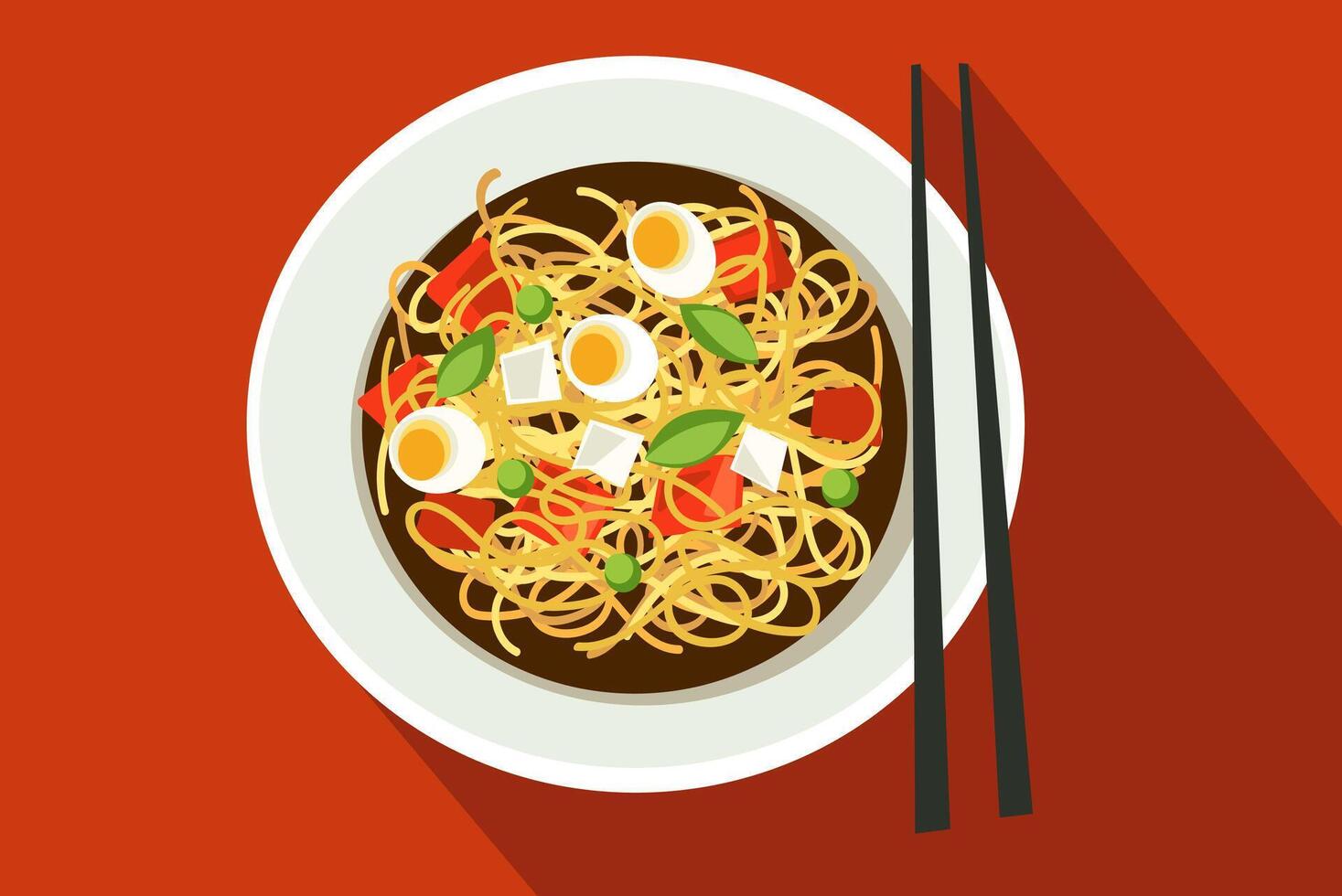 A plate of noodles with chopsticks on a red background vector