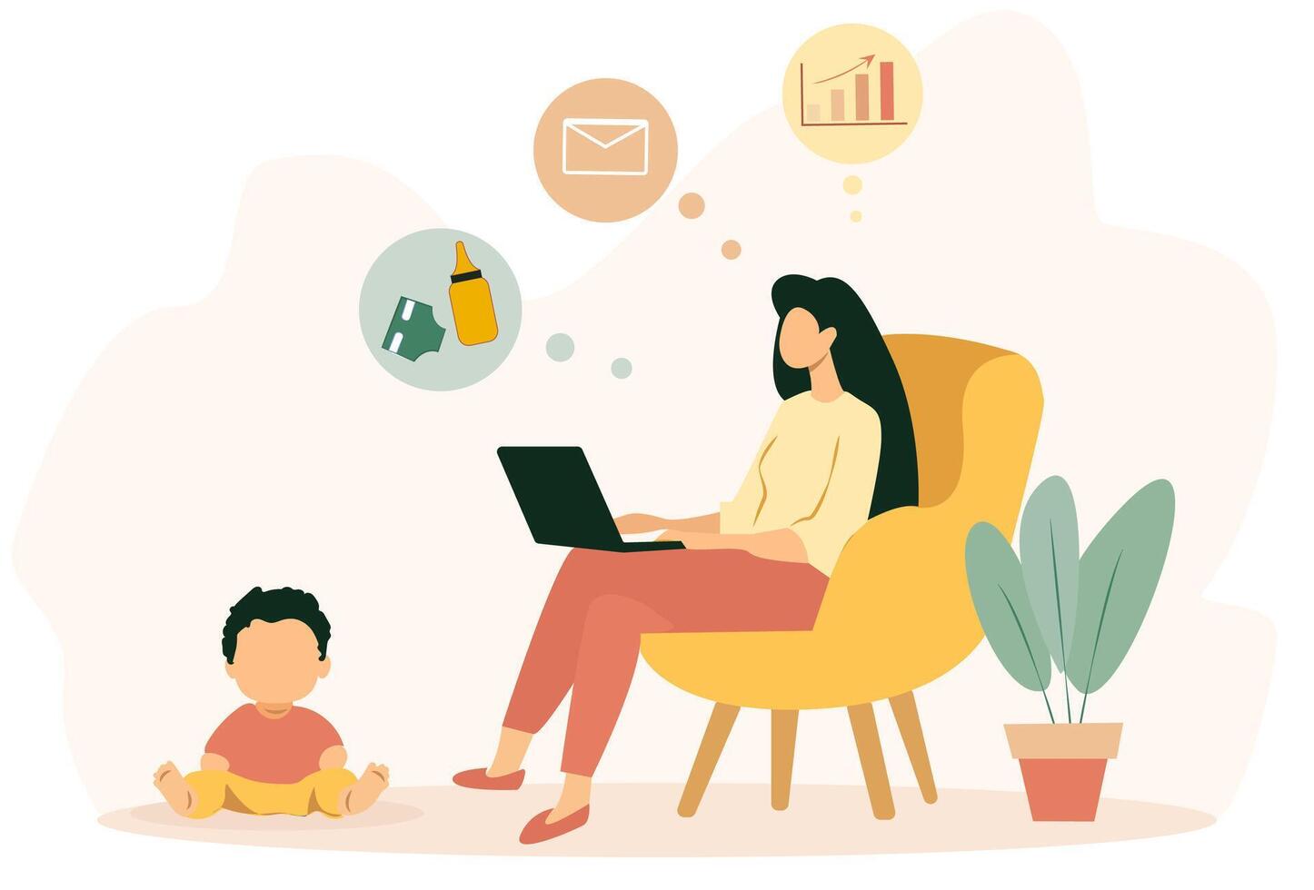 A woman sitting on a chair with a laptop and a baby vector