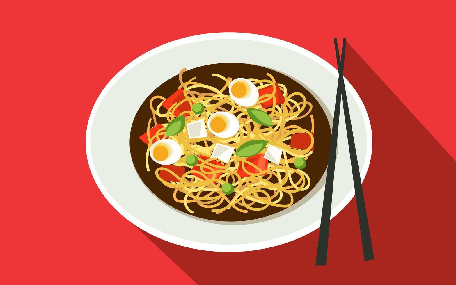Noodles with egg and vegetables on a plate with chopsticks vector