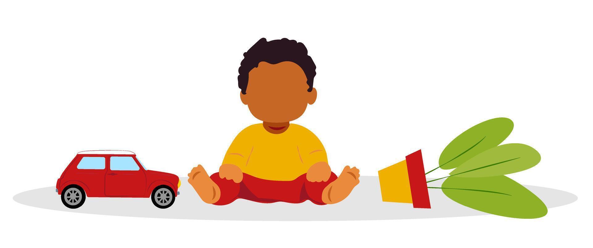 A cartoon boy sitting on the floor next to a car and a plant vector