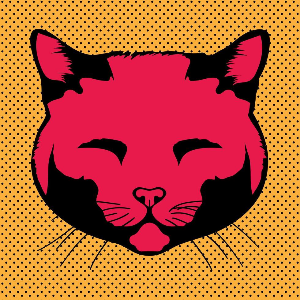 Cat face with closed eyes bright portrait in pop art style. Feline head vector