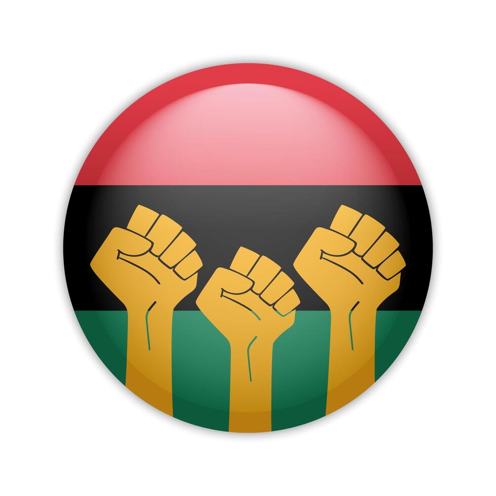 Black history month celebration glossy pin badge with red, black, green colored flag and raised fists vector