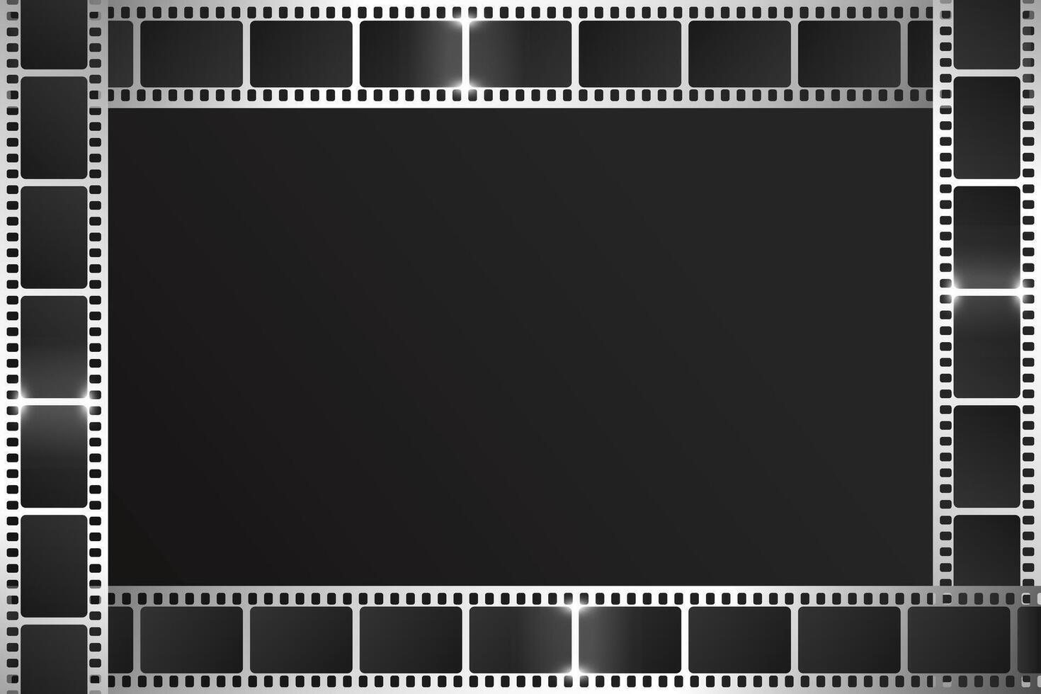 Shiny silver filmstrip frame on dark background. Movie film strip frame template design with place for text vector