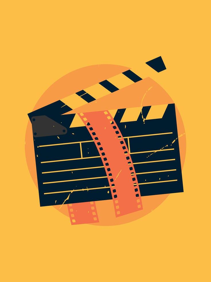 Film festival retro poster design with a film strip in clapperboard. Minimalist film poster with grunge texture vector