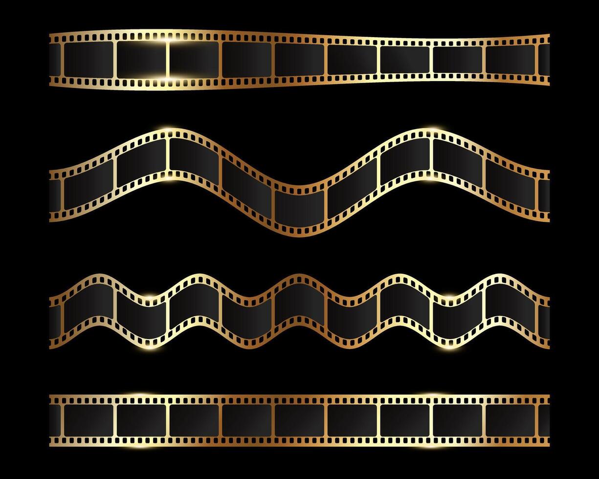 Set of shiny golden filmstrips. Curved and wavy film frames. Movie film ribbons in various shapes vector