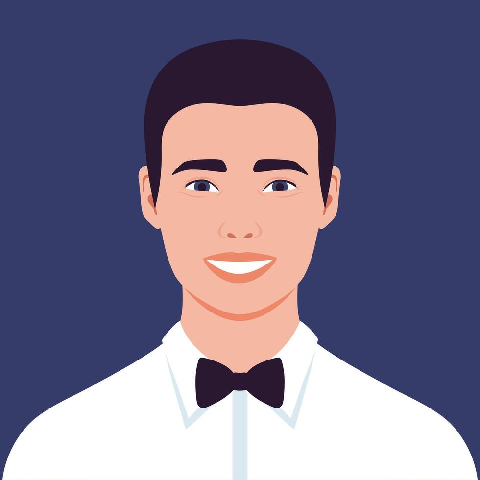 Portrait of a happy smiling young man in a shirt with bow tie. Avatar for social media vector