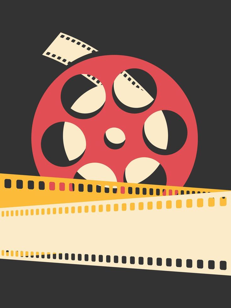 Film festival poster template design with film reel and crossed film strips. Movie film poster in retro style vector