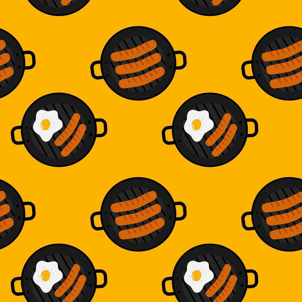 Fried egg and Sausages on grill cast iron skillet Seamless Pattern on bright background. Food fond Isolated Thematic or menu cards, food poster, brochure, price tag, labels or web promo banner vector