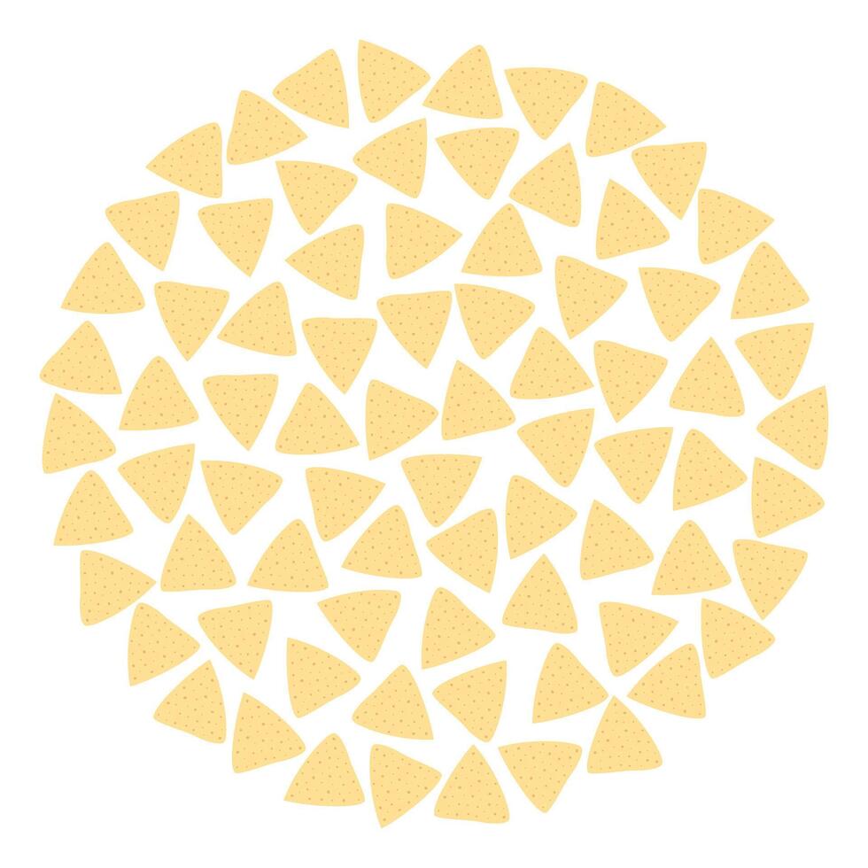 Triangular Nachos Tortilla chips Circular background texture Nachos Day greeting backdrop concept. Isolated illustration Thematic cards, poster or web promo banner, leaflets, price tag, label vector