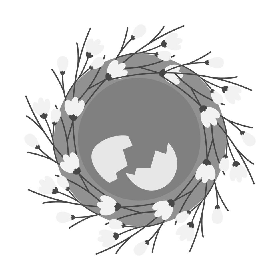 Blossom twigs Nest and Cracked Eggshell in grayscale. Easter greeting cards design element concept. Isolated illustration Thematic cards, posting, blogging or web promo leaflets, banner, price vector