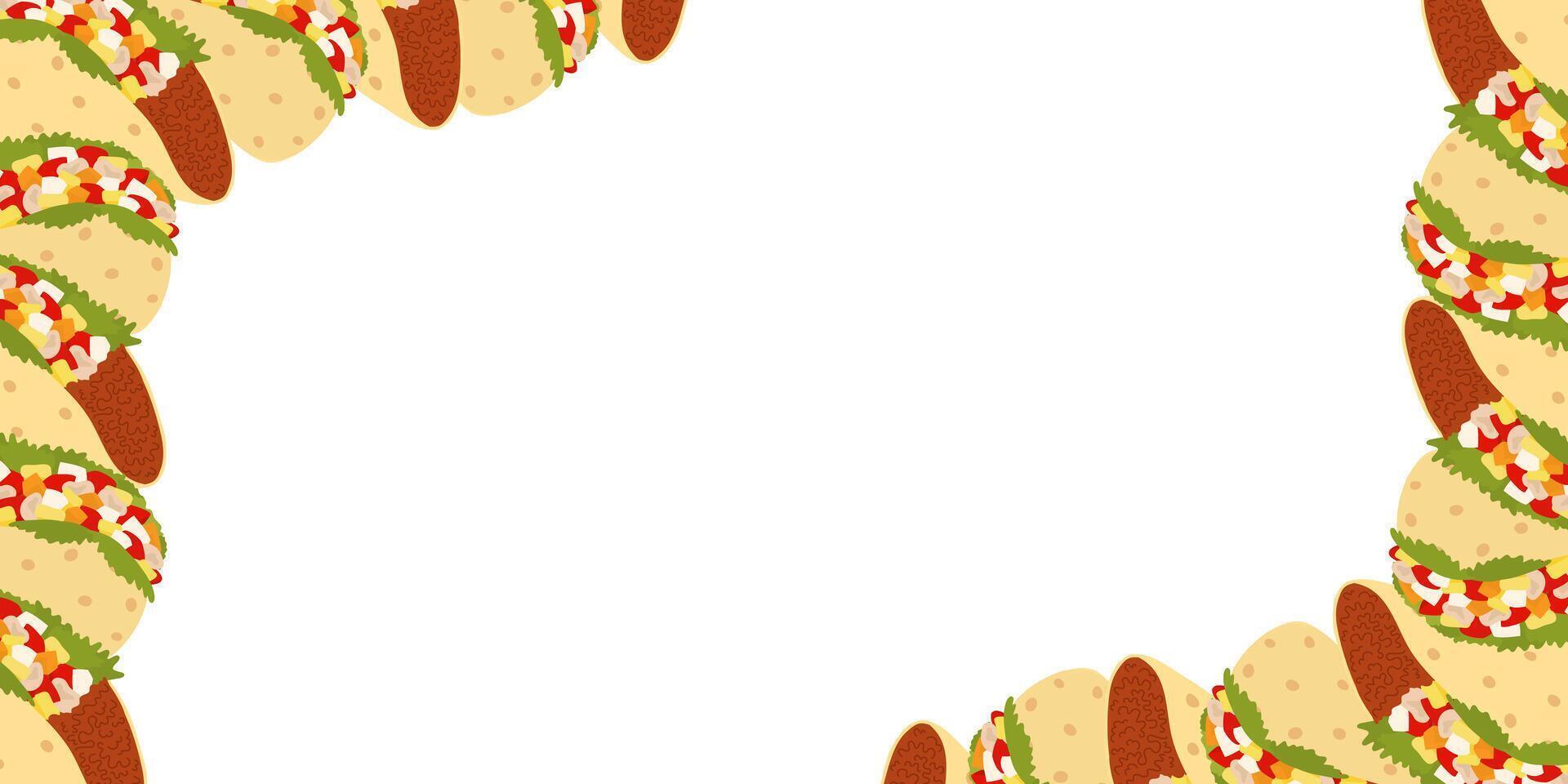 Mexican Tacos filling meat with salad leaves and vegetables sauce Corner Frame Left and Right sides. Isolated illustration Thematic cards, posters, price tag, label or web promo banner, leaflet vector