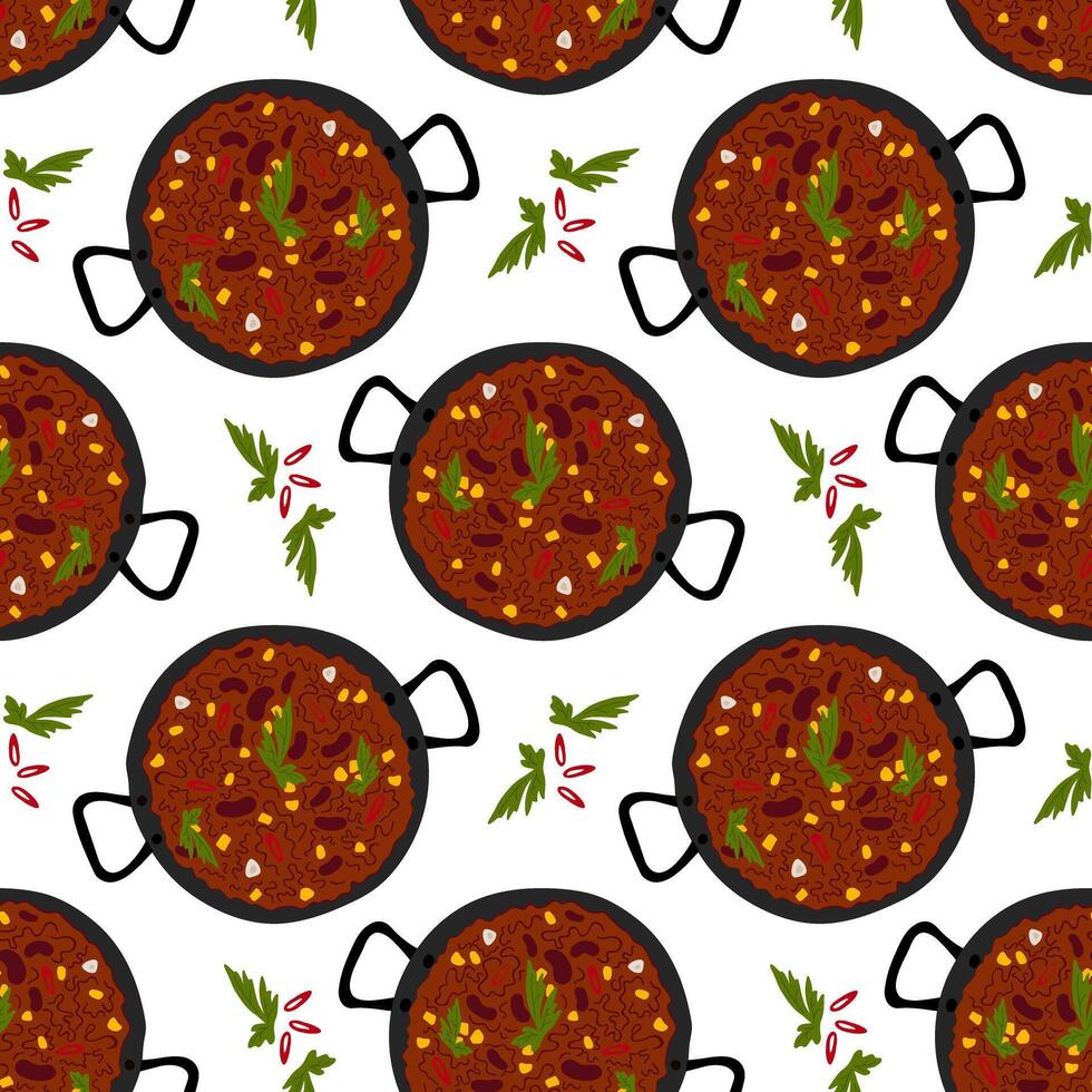 Chili con carne cast iron pan, parsley leaves and chili paper slices Seamless Pattern Mexican food. Isolated illustration Thematic cards, wallpaper, wrapping or web promo banner, leaflet, price vector
