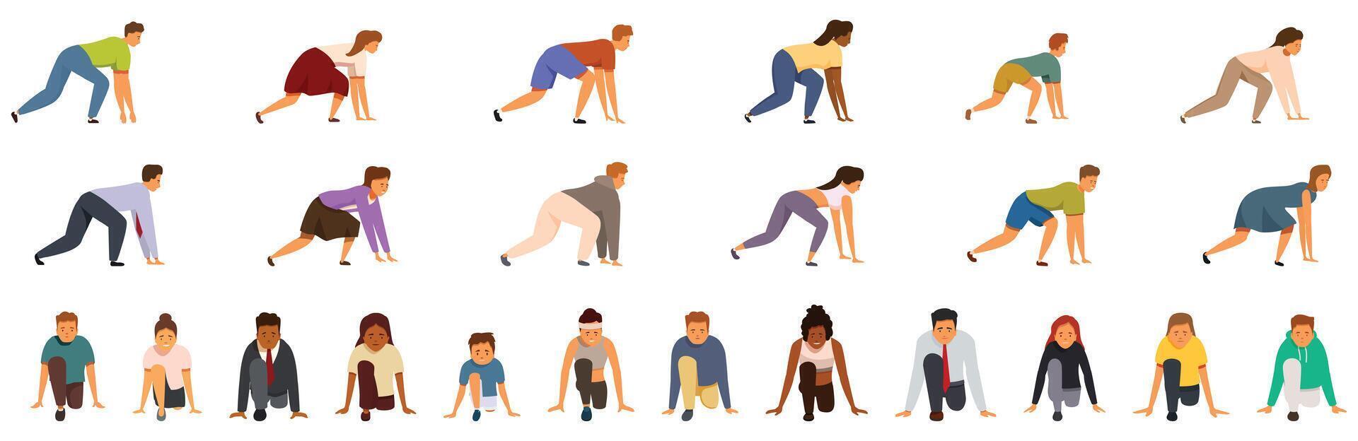 Prepare start icons set. People ready to run a race starting from their marks vector