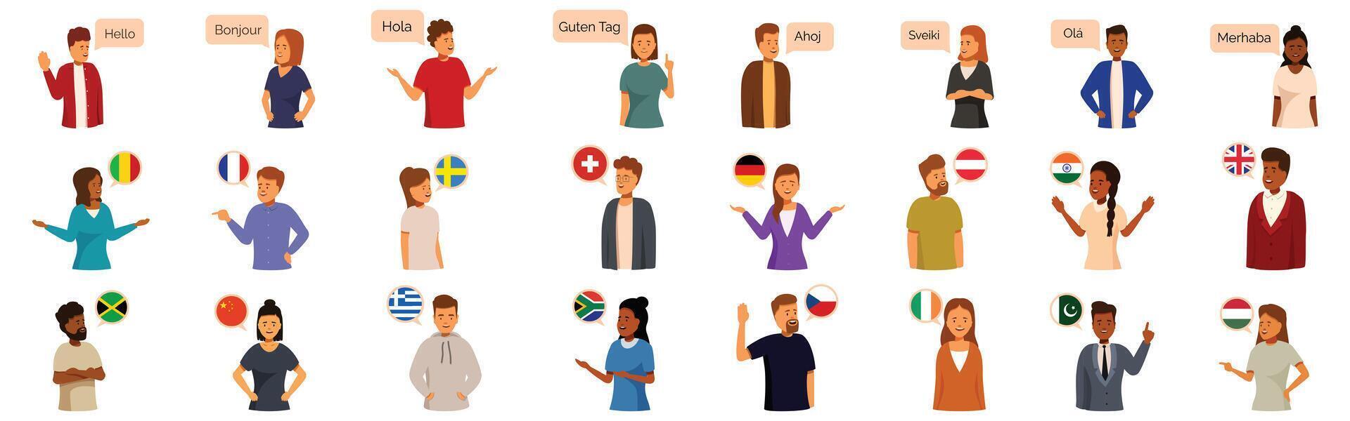People speaking different languages icons set. People speaking different languages and representing different countries and cultures vector