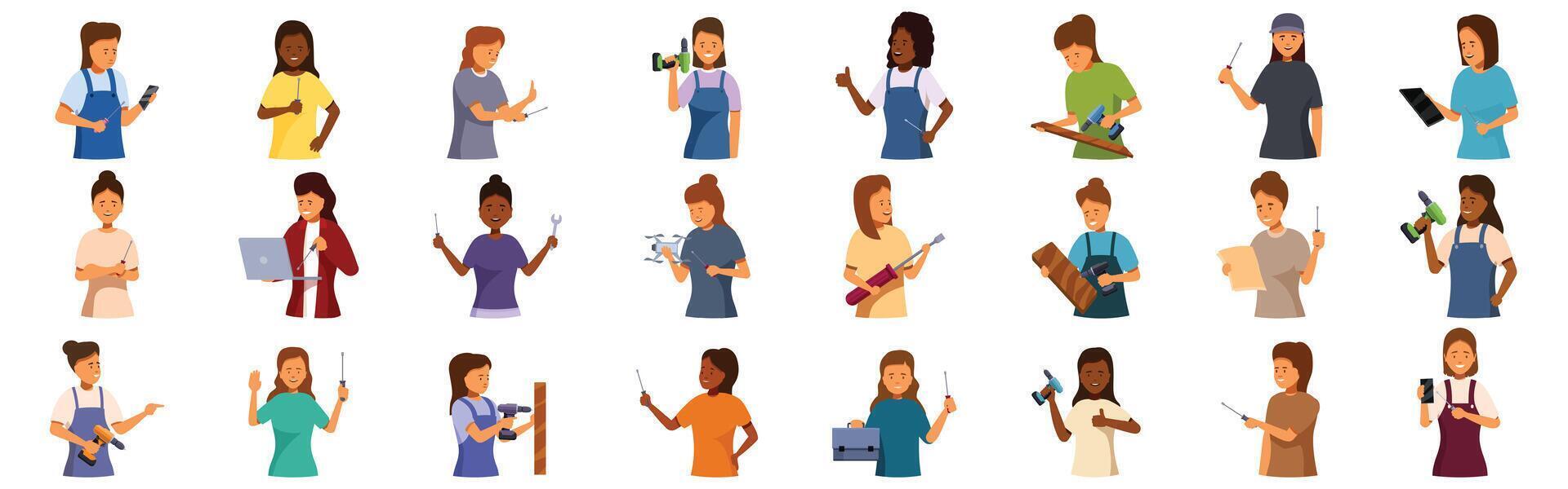 Woman holding screwdriver icons set. Female handywomen holding tools and using tablet and laptop vector