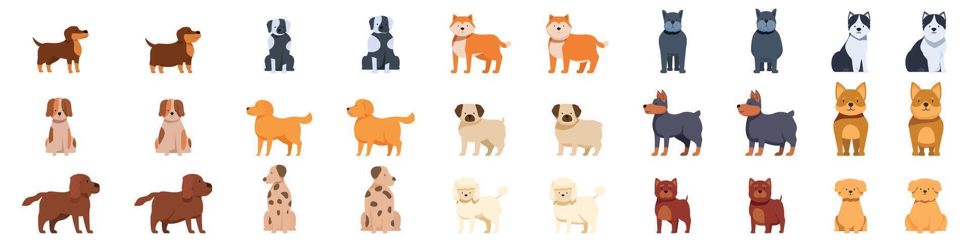 Dog body condition icons set. Collection of various dog breeds standing and sitting vector