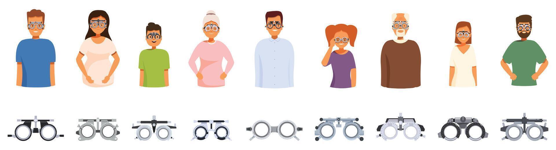Trial glasses icons set. Patients wearing trial frames during eyesight examination and different phoropter models vector