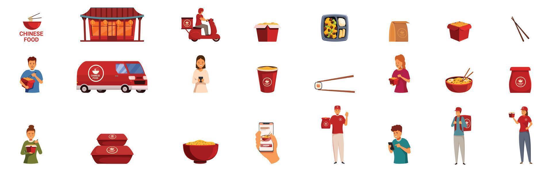 Chinese food delivery icons set. Customers ordering and receiving chinese food delivery, restaurant, scooter, take away boxes, and online ordering icons vector