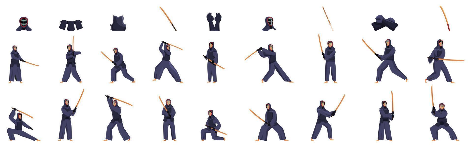 Kendo fighter icons set. Kendo fighter posing with shinai and equipment, various poses and movements vector