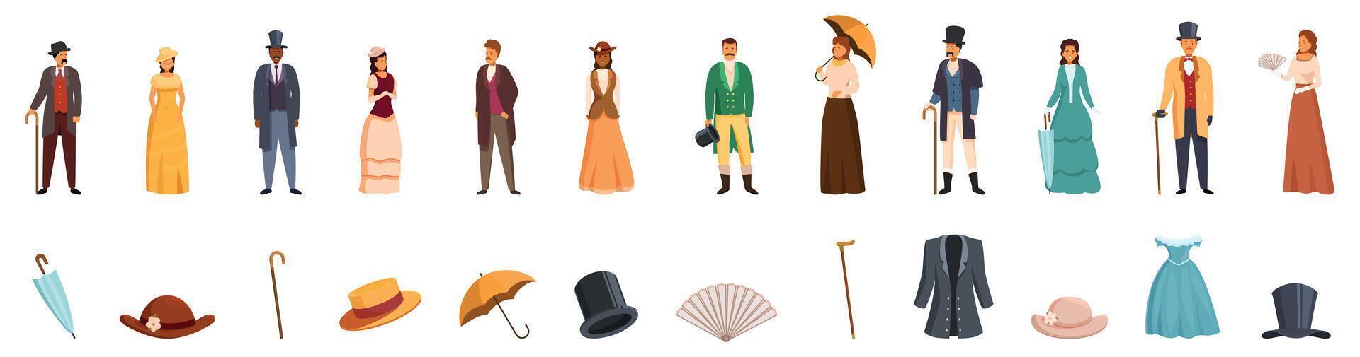 Fashion 19th century icons set. Elegant victorian era people wearing fashionable clothes and accessories vector