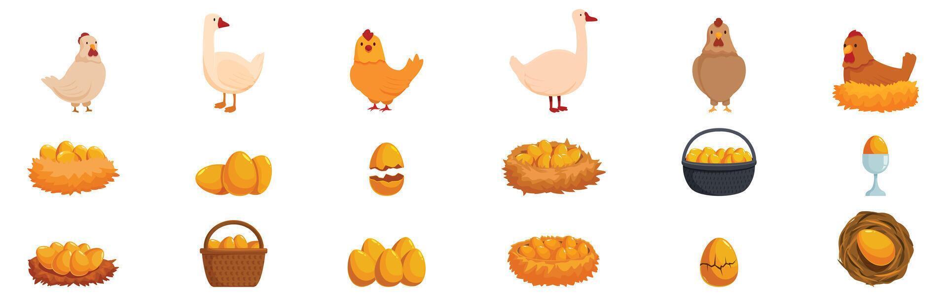 Golden eggs icons set. Hens and geese laying golden eggs in wicker baskets and nests vector