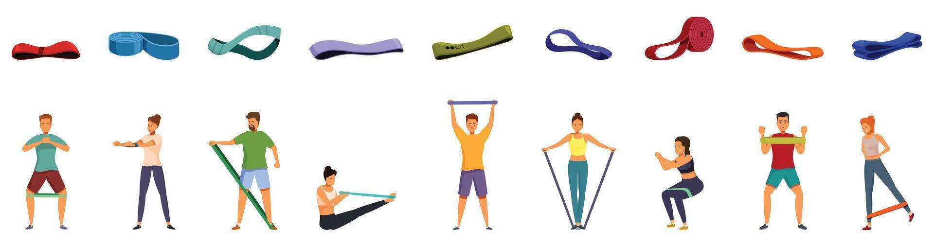 Elastic bands fitness icons set. People exercising with resistance bands, fitness training at home or gym vector