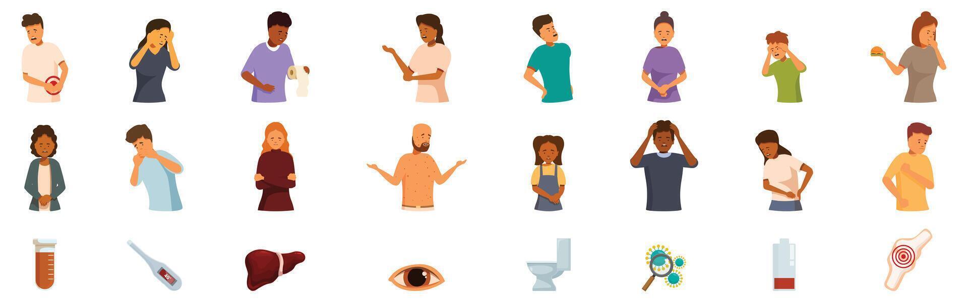 Hepatitis symptoms icons set. Patients suffering from various diseases and symptoms experiencing pain and discomfort vector