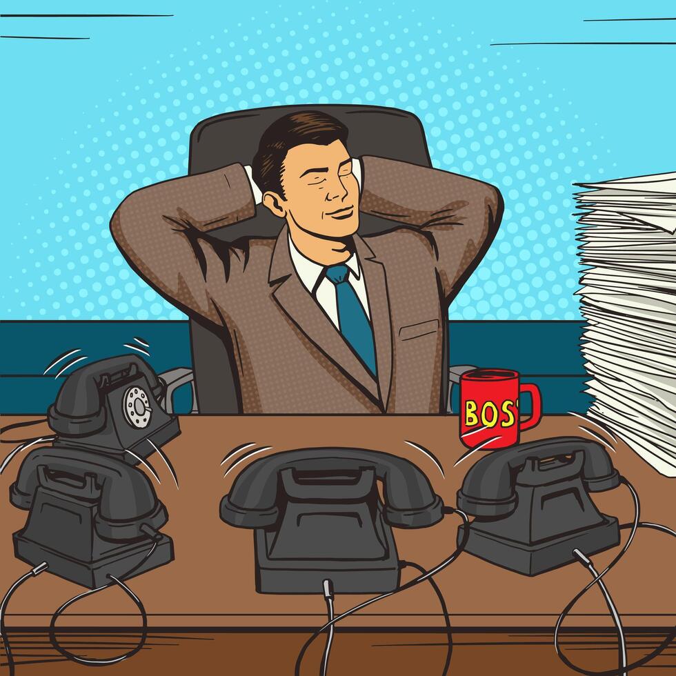 Businessman relaxed at work pop art style illustration. Human illustration. Comic book style imitation. Vintage retro style. Conceptual illustration vector