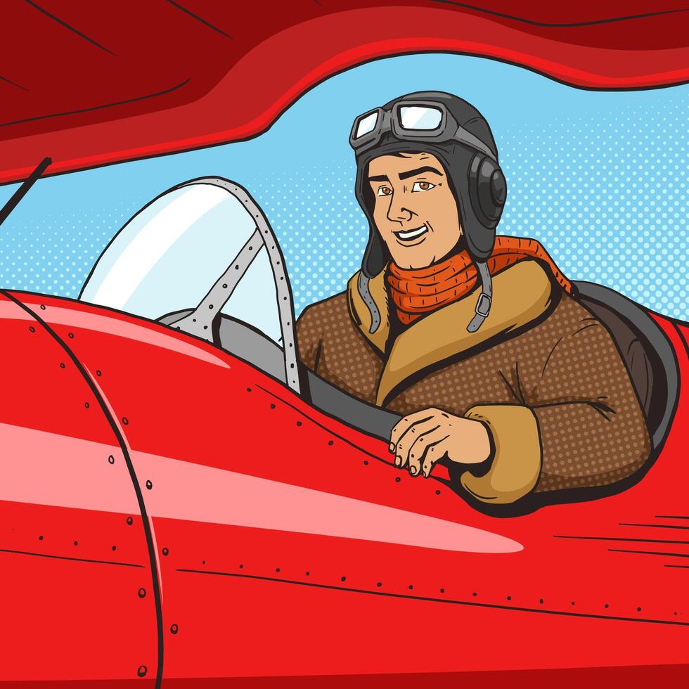 Retro pilot in vintage plane pop art style illustration. Human illustration. Comic book style imitation. Vintage retro style. Conceptual illustration vector