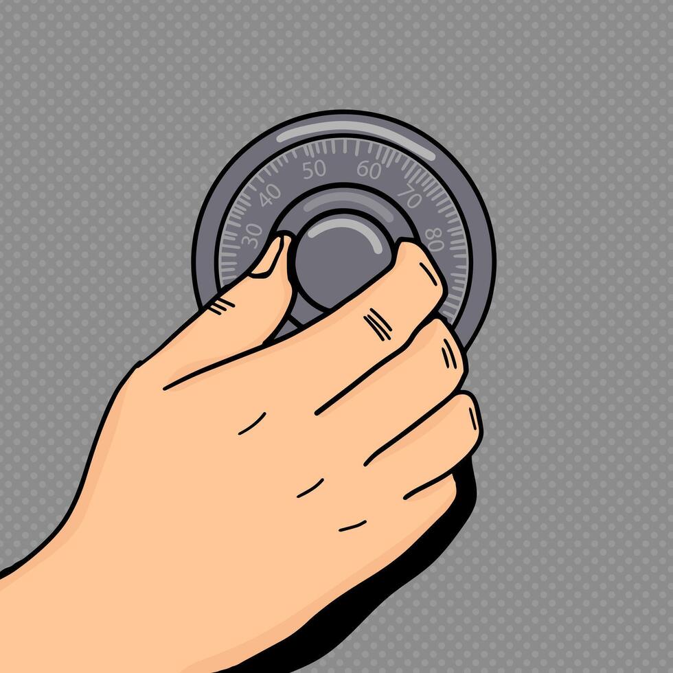 Hand rotate mechanical combination lock pop art style illustration. Human hand illustration. Comic book style imitation. Vintage retro style. Conceptual illustration vector