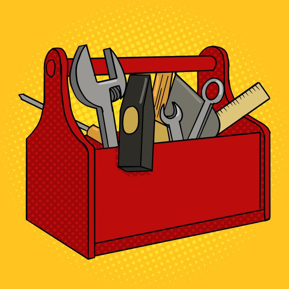 Toolbox red color with tools pop art style illustration. Comic book style imitation. Vintage retro style. Conceptual illustration vector