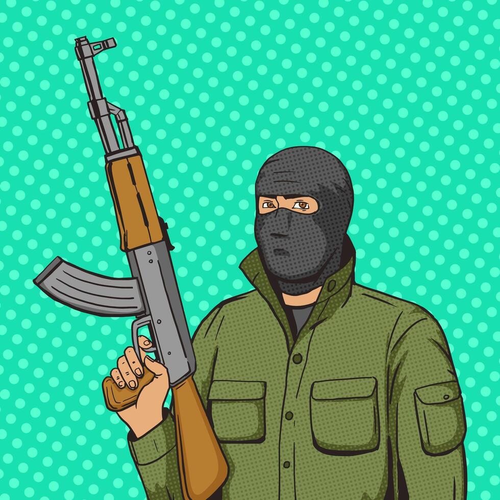 Terrorist man with machinge gun weapon pop art style illustration. Human illustration. Comic book style imitation. Vintage retro style. Conceptual illustration vector