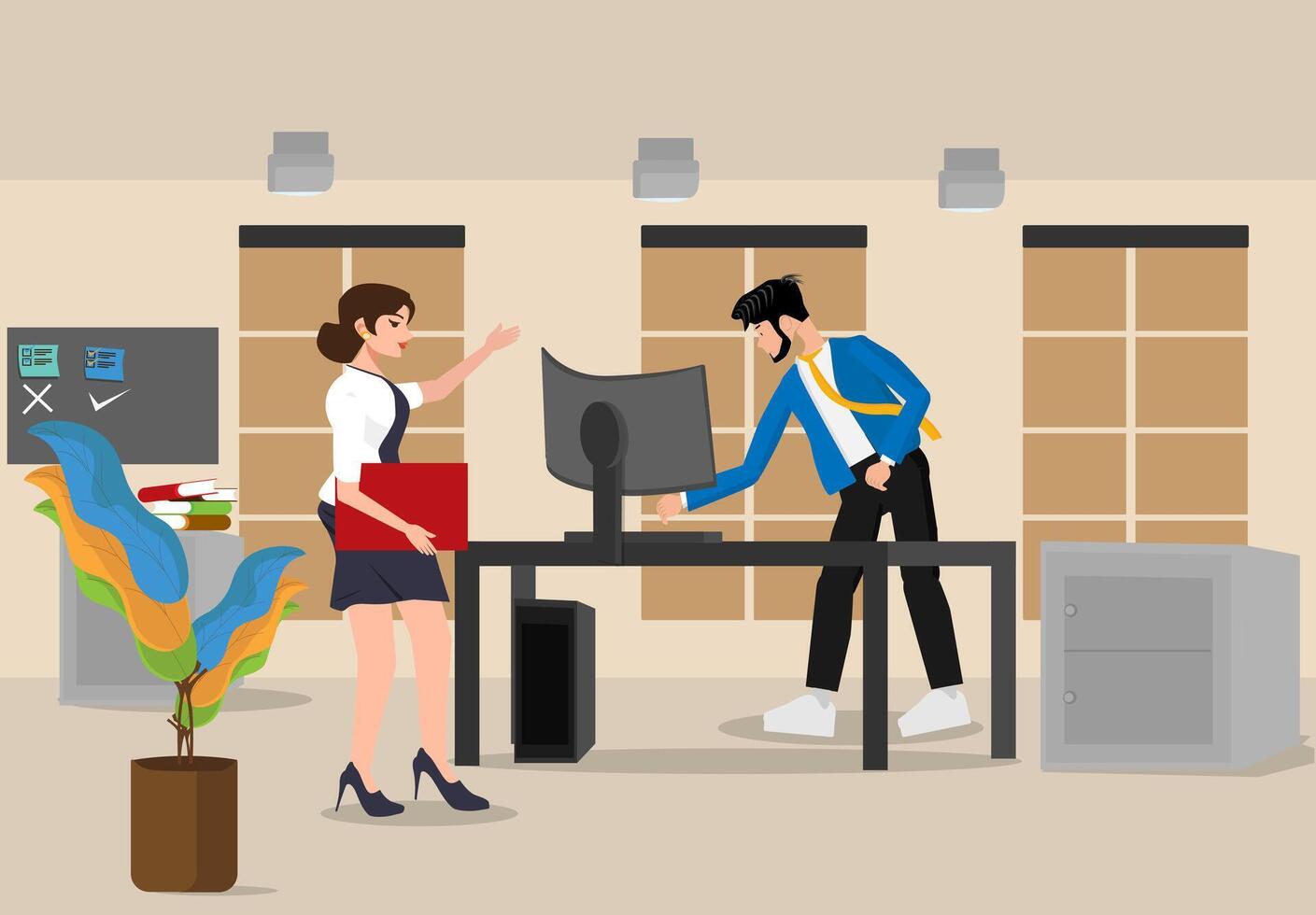 A man is in the office operating a computer and a woman is carrying a red folder vector