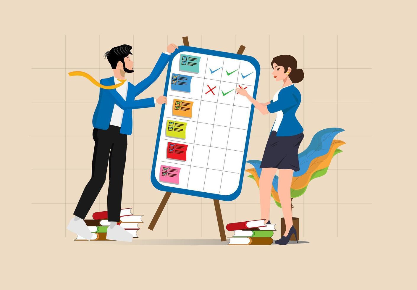 Flat illustration design of man and woman planning business concept and businessman team managing schedule with checklist board vector
