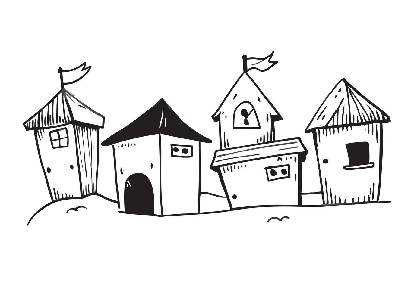 Hand drawn illustration of four different cartoon houses with flags for business use vector