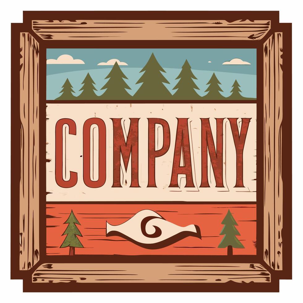Retro style logo design with wooden frame, trees and company text for business use vector