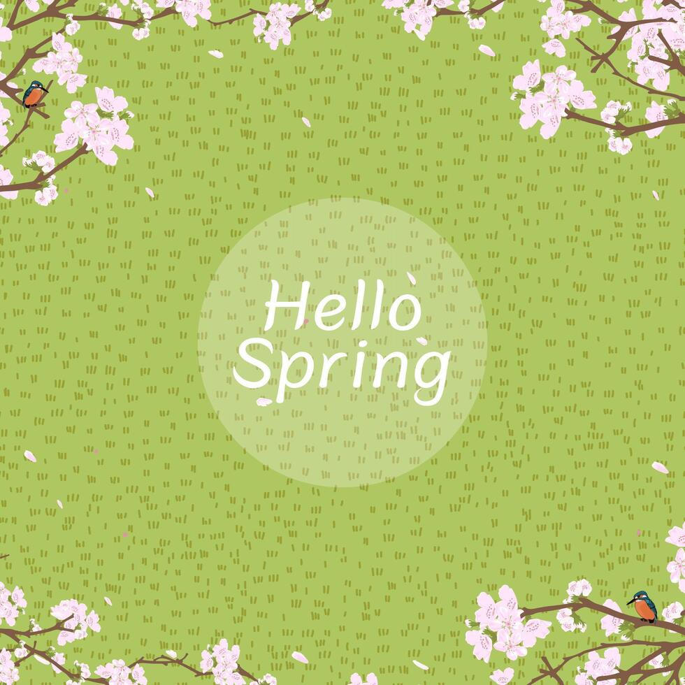 Spring background,Cherry blossom border frame, lawn green grass fields, cartoon nature cute spring pink sakura flower.meadow pattern summer grass ground,Backdrop Natural abstract background vector