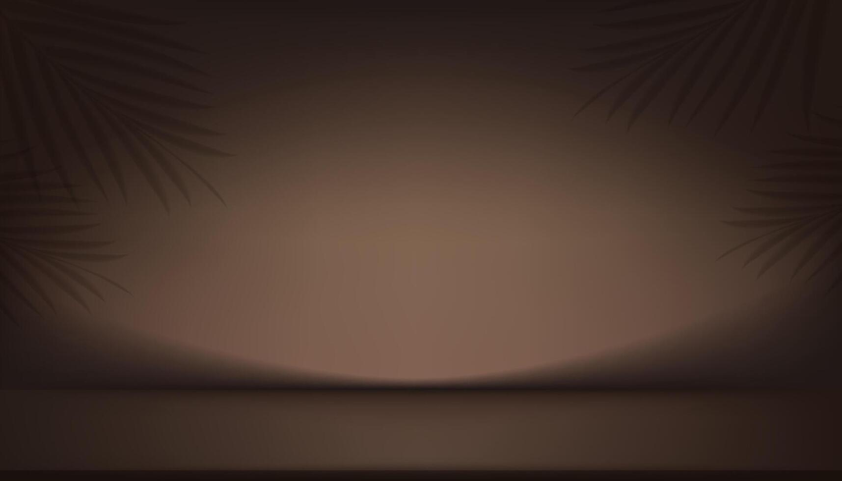 Brown Background,Empty Studio Room with Palm leaves Shadow on 3d Podium Stage for Cosmetic Product Display,Dark Brown Wall Backdrop with Abstract Light Gradient on Floor for Summer Banner vector