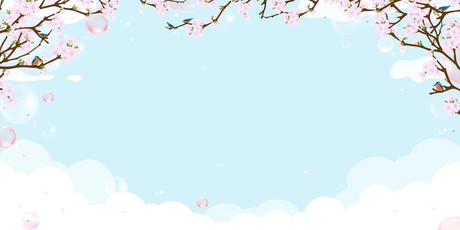 Spring Background,Sky blue,Cloud,Bubble Flying,Pink Cherry Blossom Branches Tree and Little Birds. illustration Cute natural spring landscape with Japanese sakura flower for Easter banner vector