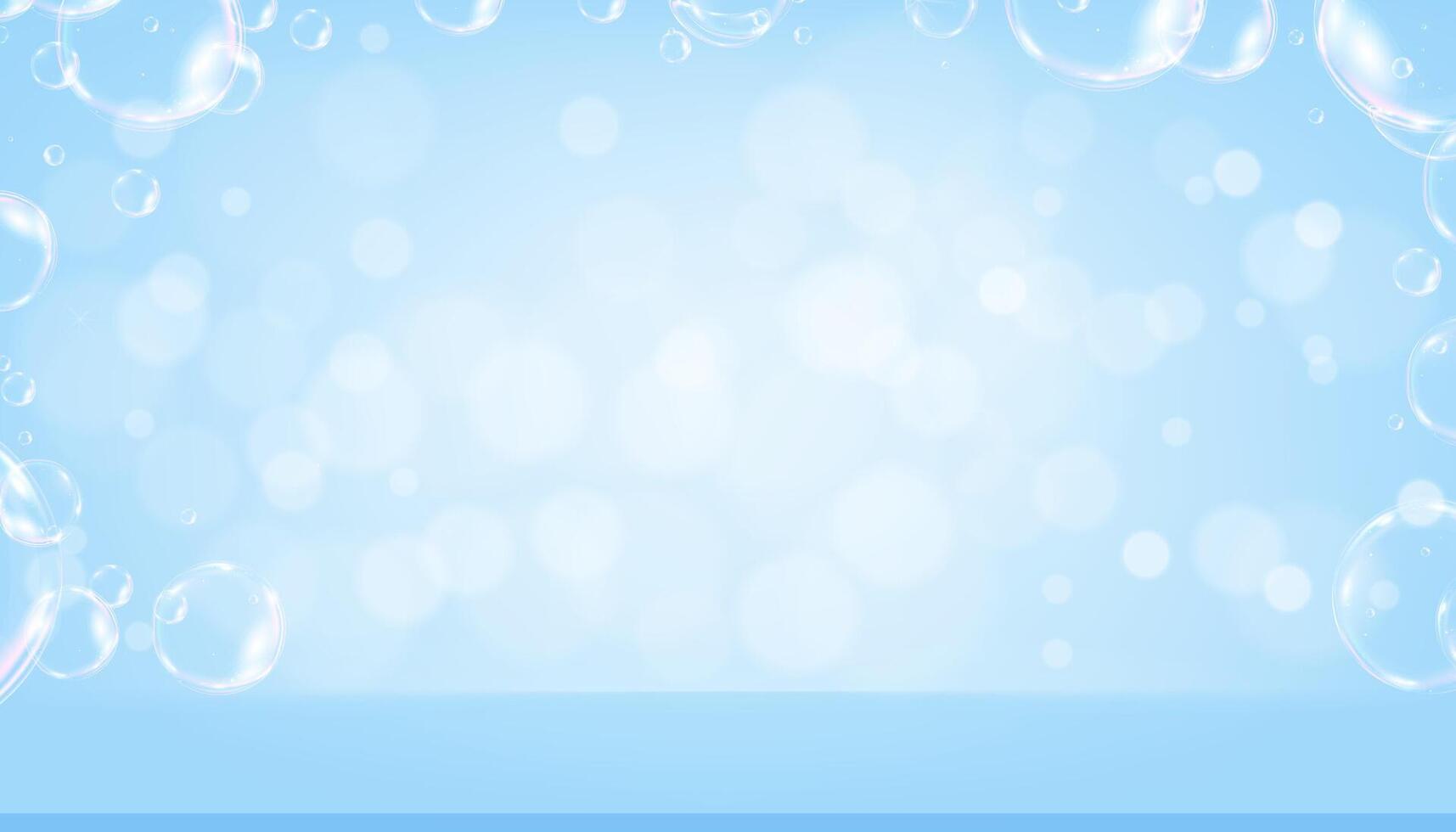Blue Background,Summer studio background with 3d podium stand, blurry bokeh light, bubbles border frame on blue gradient for cosmetic product display presentation,Backdrop white spotlight on sky blue vector