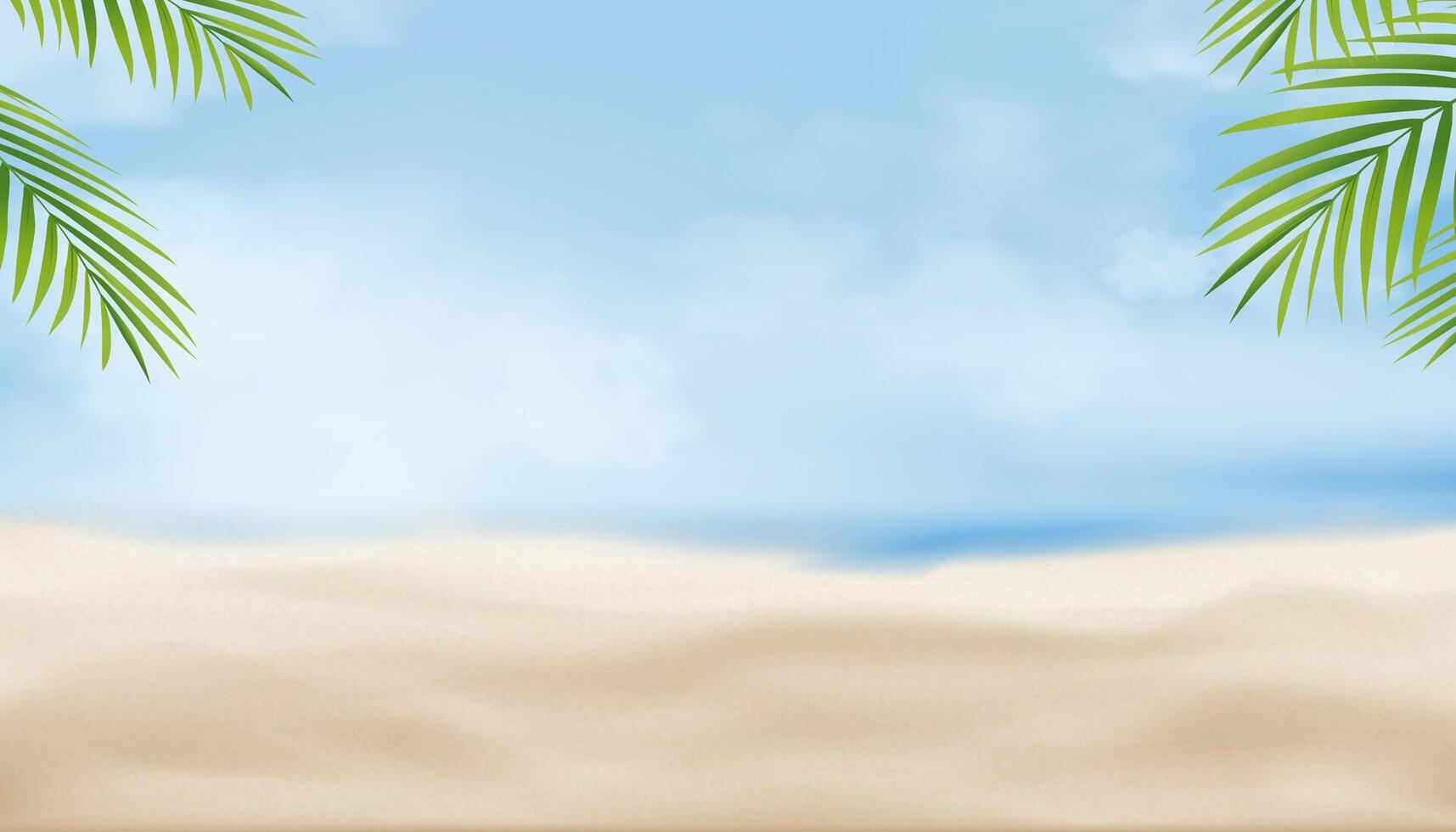 Summer Background,Palm leaf on blue sky, white clouds over blue sea ocean, tropical sand beach with sunlight. Seaside, white sand in sunny day summer holiday vacation, business travel banner vector
