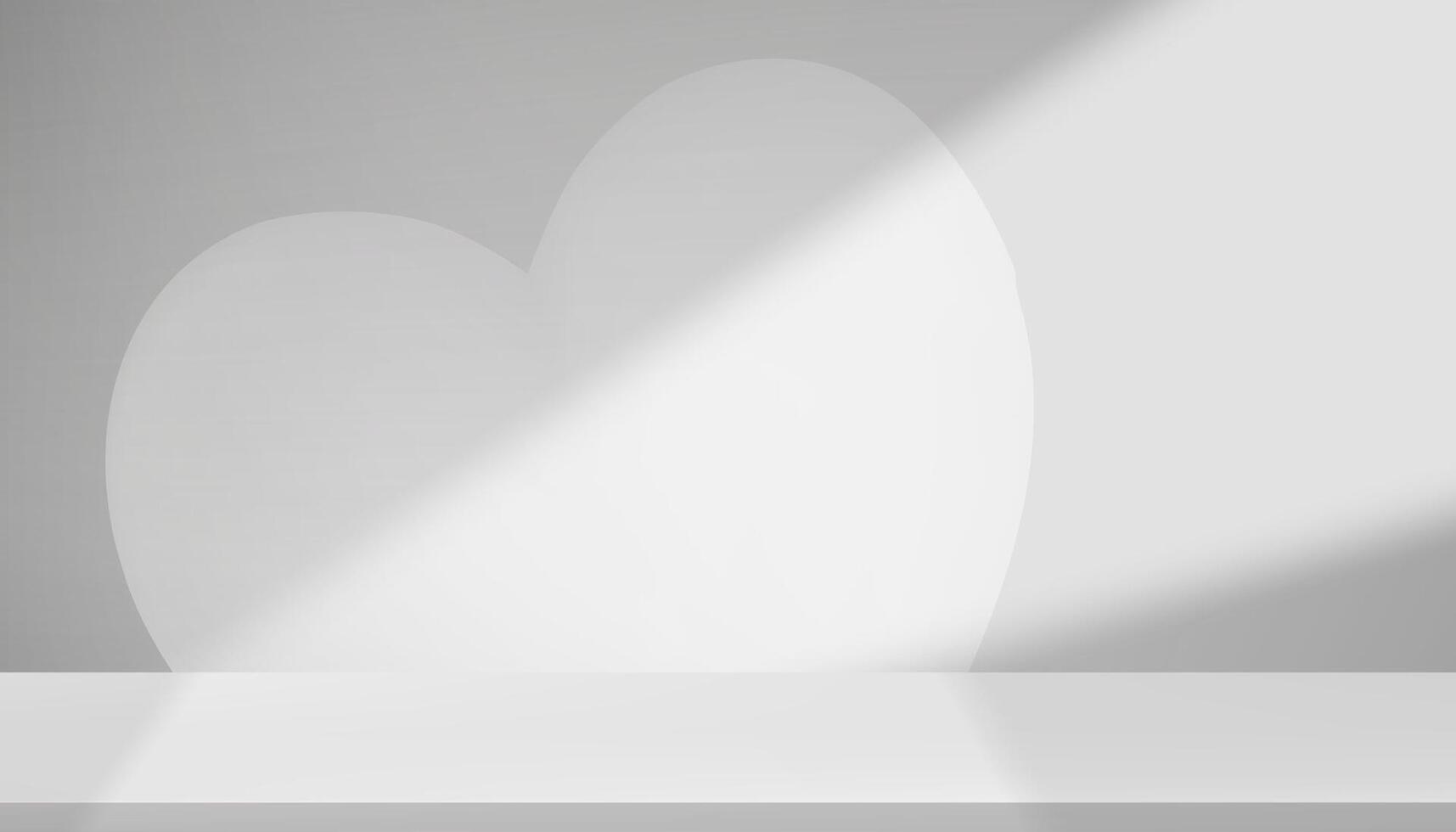 White Background,Studio wall grey with heart shape shadow on 3d floor podium for Valentine product presentaion,Empty room with spring bright light. minimal backdrop display for morther day card vector