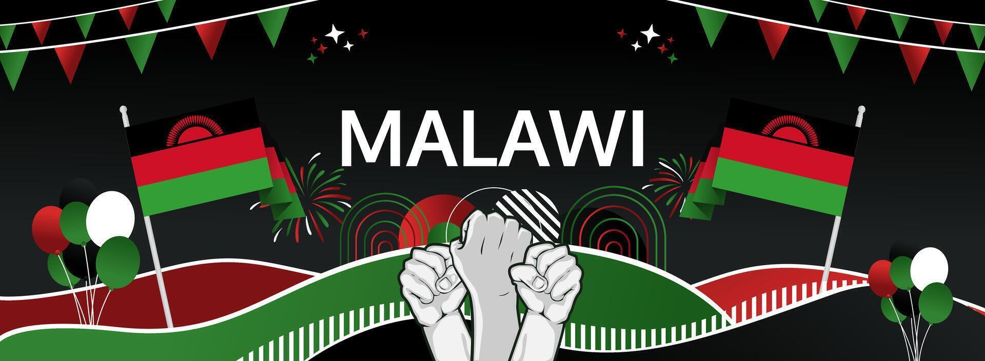 Happy Independence Day Malawi. Commemorate July 6 with a modern greeting banner that reflects our national pride in vibrant flag hues. Great for cultural celebrations and tourism promotions. vector