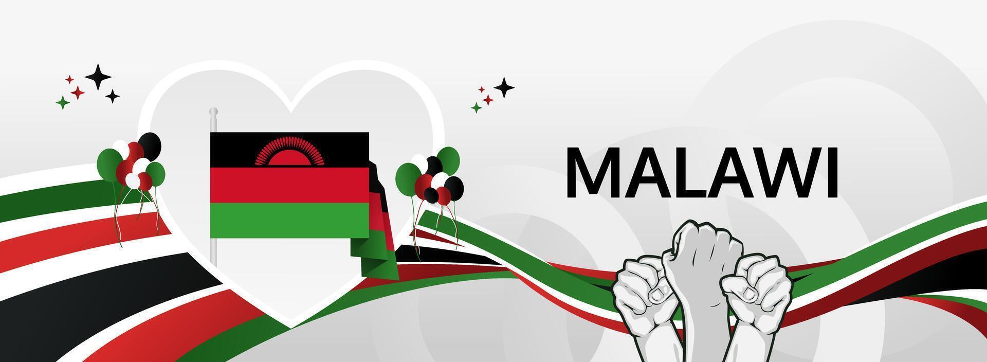 Celebration of Malawi freedom. On July 6, stunning greeting banner in flag colors to honor our National Day. Perfect for cultural festivals, community gatherings, and tourism events. vector