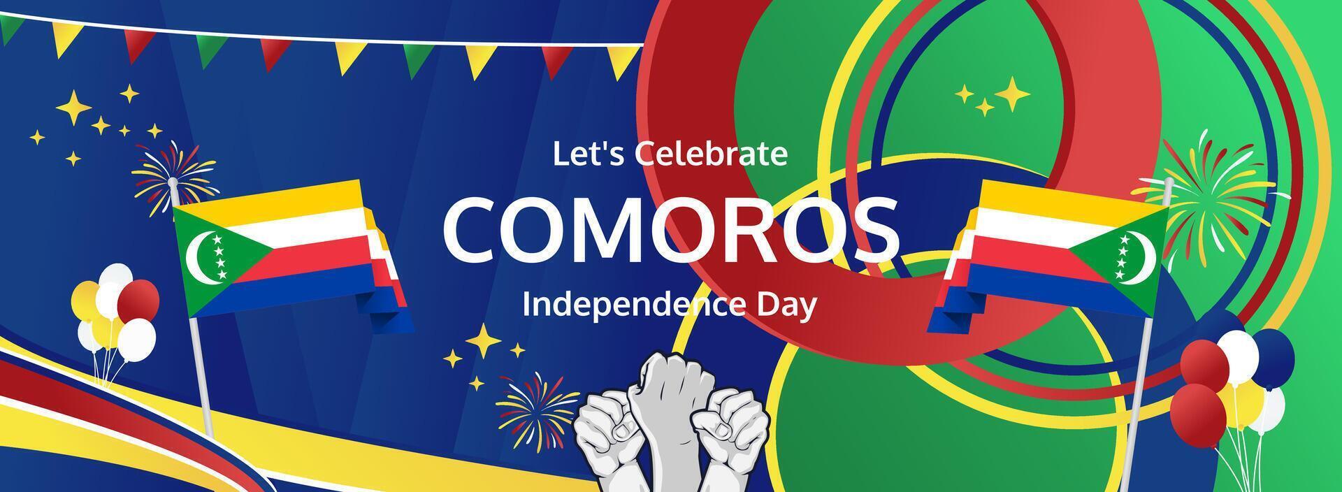 Happy National Day to all Comorians. Celebrate independence Comoros on July 6 with a modern banner that highlights our rich culture in vibrant flag colors great for community gatherings. vector