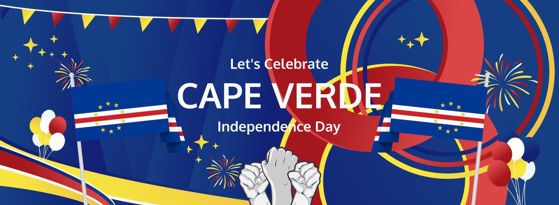 Celebrate Cape Verde Independence Day with a vibrant banner. July 5th marks National Day, showcasing flag colors in a festive design perfect for carnivals and cultural events vector