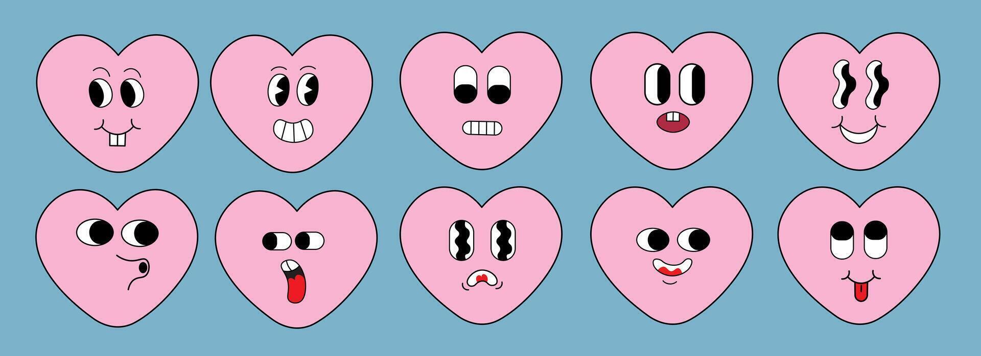 Hearts emoji set in groovy style vector