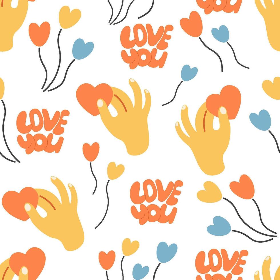 seamless pattern with heart in hand in doodle style vector