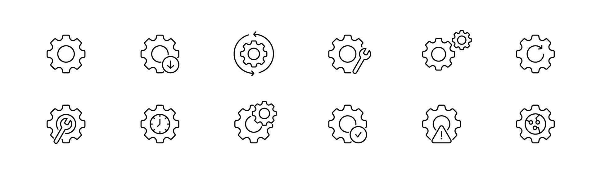Gear status icon set. Outline gearwheel mechanism collection. Cogwheel service icon vector